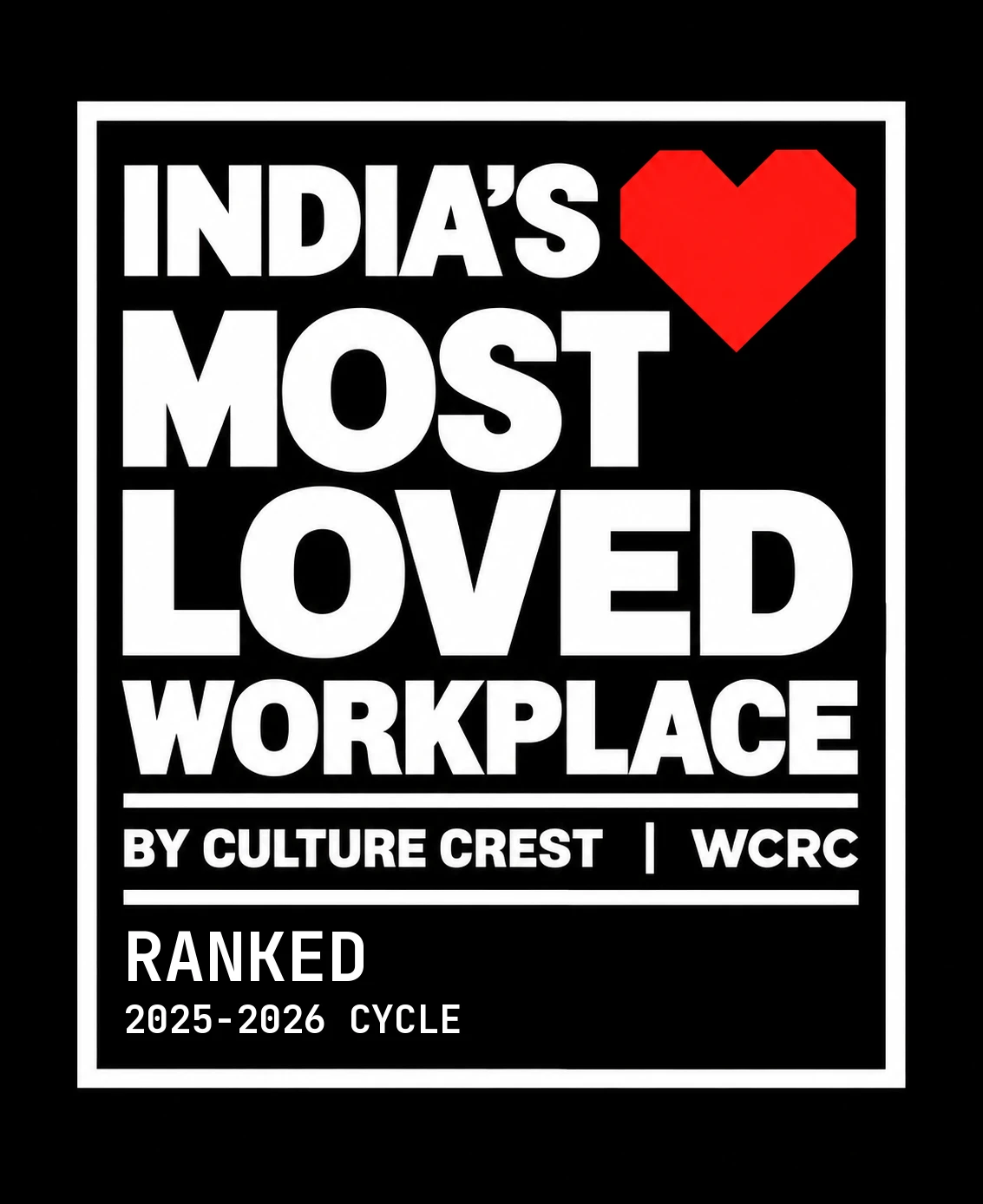India's Most Loved Workplace by Culture Crest, WCRC — ranked, 2025-2026 cycle